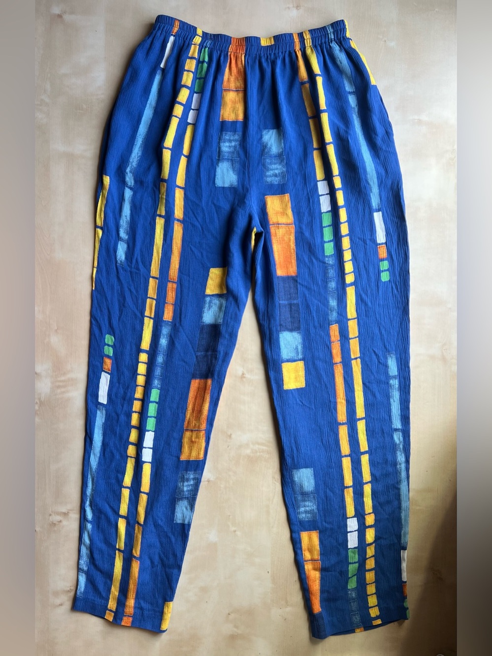 Blue Vintage Boho/Artsy Relaxed Elastic Waist Pants with Abstract Block Print